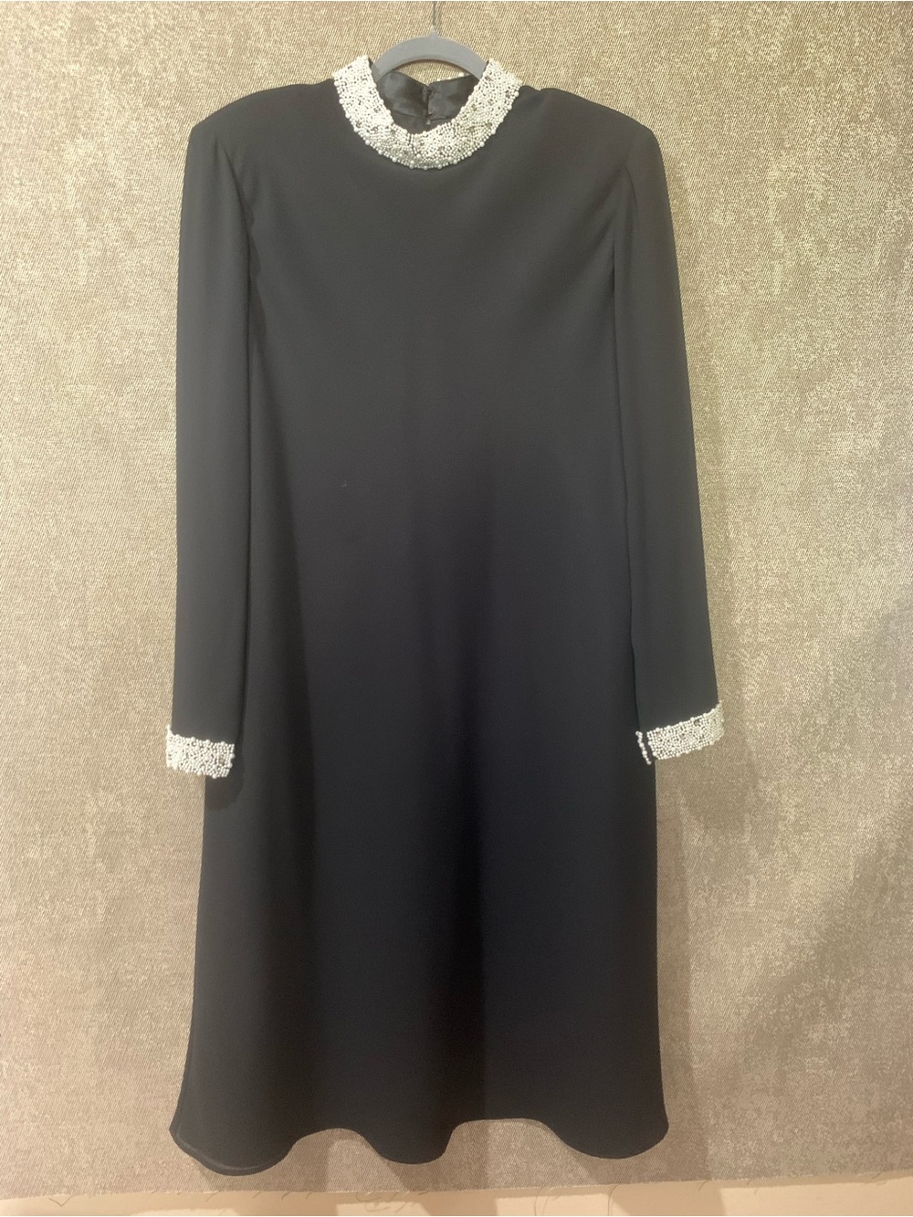 Black Long-Sleeve Dress with Embellished Pearl and Rhinestone Collar and Cuffs